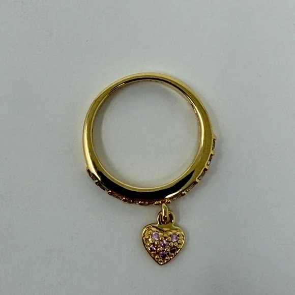 Kirks Folly Dangle  Heart Ring Gold Tone With Pink Stones Size 8 - Picture 2 of 4